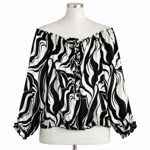WHBM 100% Silk Top Size M Black White Abstract Print Off Shoulder Long Sleeve
